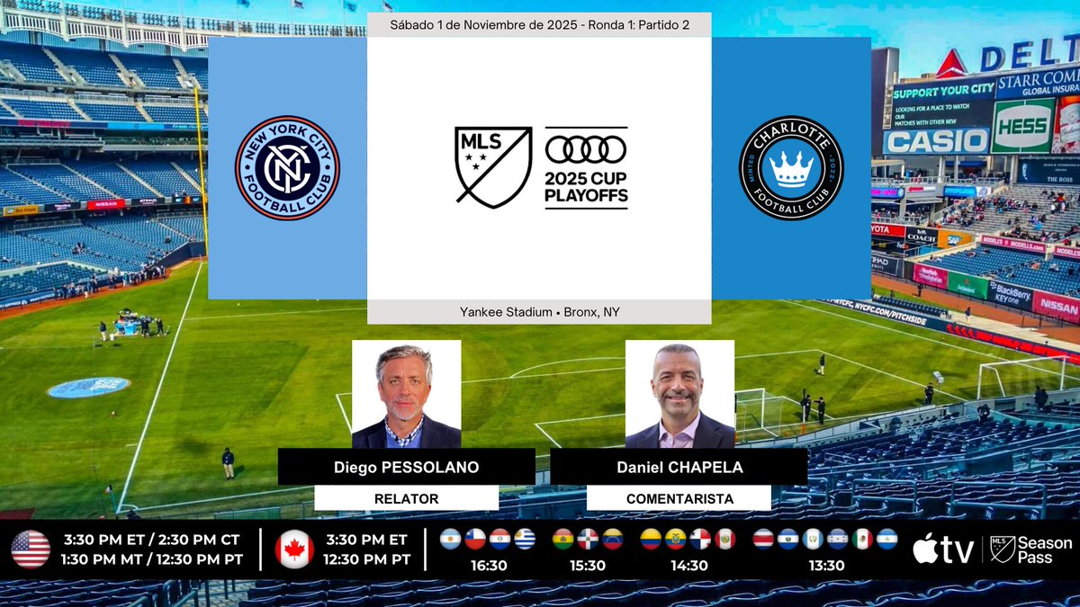 ProgramacionUS's tweet image. ⚽️ #MLS 🇺🇸 | #NewYorkCityFC vs. #CharlotteFC

🎙Relator: @DiegoPessolano
🎙Comentarista: @dchapela
💻📱MLS Season Pass en @AppleTV (Disponible también con suscripción a Apple TV)

#️⃣ #MLSSeasonPass - #MLSCupPlayoffs - #NYCvCLT