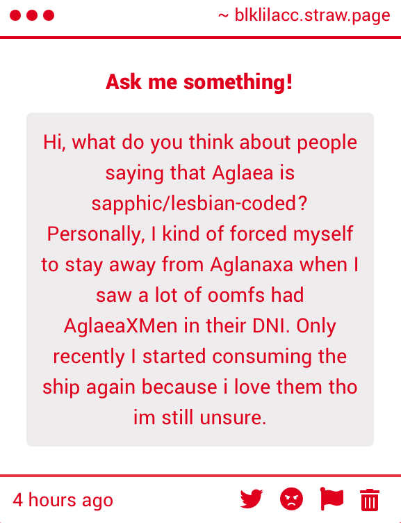 headcanons aside that is just objectively incorrect lmao, regardless of how anyone feels she just doesn’t really have any implications to her sexuality, that is not relevant to her character or any of her relationships, shrug