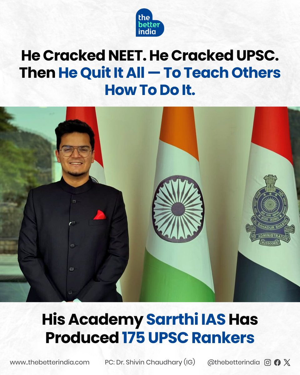 thebetterindia's tweet photo. Once a medic in a white coat, now a guide for future changemakers.

He topped two of India’s toughest exams — first conquering the medical entrance test, then cracking the UPSC Civil Services Examination with AIR 297 in 2022.

But instead of walking the familiar bureaucratic path, he chose the road less taken — turning from aspirant to mentor, from IRS recruit to coach of the next generation.

Born in Haryana and an MBBS graduate from Maulana Azad Medical College, Delhi, Dr Shivin Chaudhary realised early that his heart lay not in hospital wards but in ideas, society, and guiding people.

He began sharing his UPSC journey under the alias Anonymous UPSC Aspirant, posting honest clips while preparing himself. Then came the breakthrough — he cracked UPSC but declined the Indian Revenue Service post, saying his satisfaction lay in teaching, not bureaucracy.

With that bold pivot, he founded Sarrthi IAS, creating a trusted space for aspirants. By 2024, he had guided over 150 UPSC rankers.

Today, his channel Clarity for UPSC by Dr Shivin has become a go-to for authentic mentorship and strategy.

In a world chasing titles and posts, he chose purpose over prestige.

#UPSC #CivilServices #Doctor #SarrthiIAS #InspiringIndia

[UPSC preparation, NEET, UPSC, civil services, Sarrthi IAS, Education]