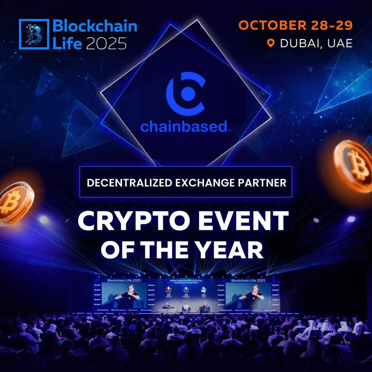 chainbased_io's tweet photo. 🌍 The Crypto Event of the Year!

The 15th Anniversary of #BlockchainLife2025 proved why it’s the world’s top crypto forum —

💥 16,730 attendees from 130 countries turned Dubai into the global crypto capital. 🇦🇪

Proud to see @Chainbased_io as the Decentralized Exchange Partner, showcasing how AI and DeFi unite to power seamless cross-chain access across 64+ chains, 36+ staking providers, and 7+ liquidity pools — all in one place. ⚡

The future of AI-powered DeFi is here.
👉 https://t.co/i6QfaiYp01
#Chainbased #DeFi #AI #Web3 #Crypto #Dubai #BlockchainLife2025 @BlLife_Forum  @chainbased_io