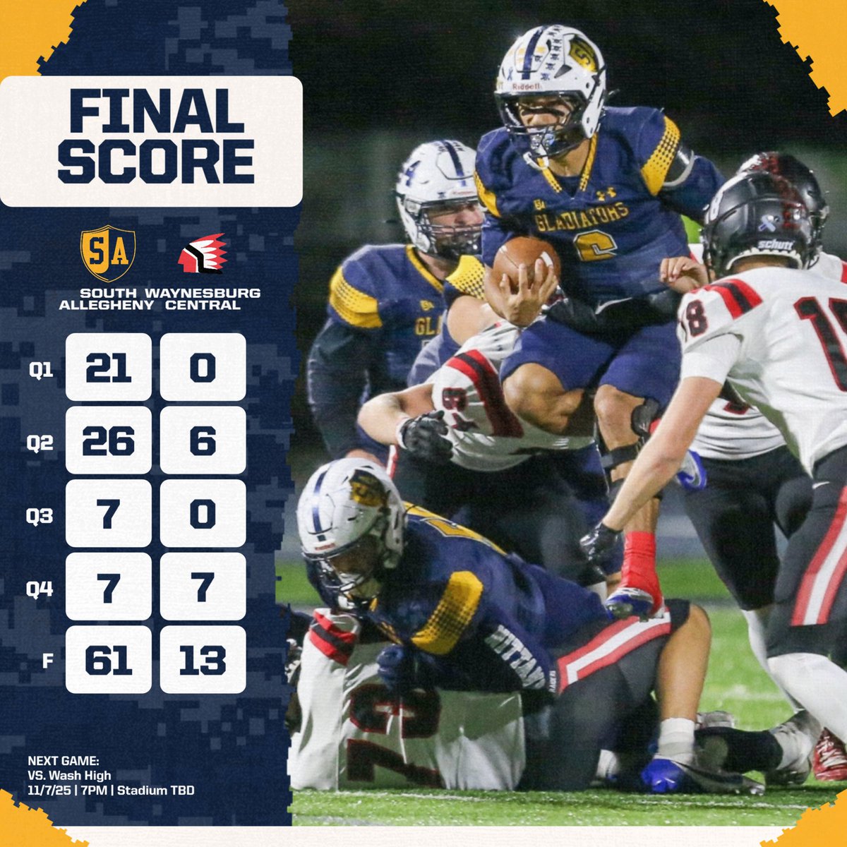 Final Score: South Allegheny 61 Waynesburg Central 13

Next game: vs. Wash High, Friday at 7 PM, location to be determined.