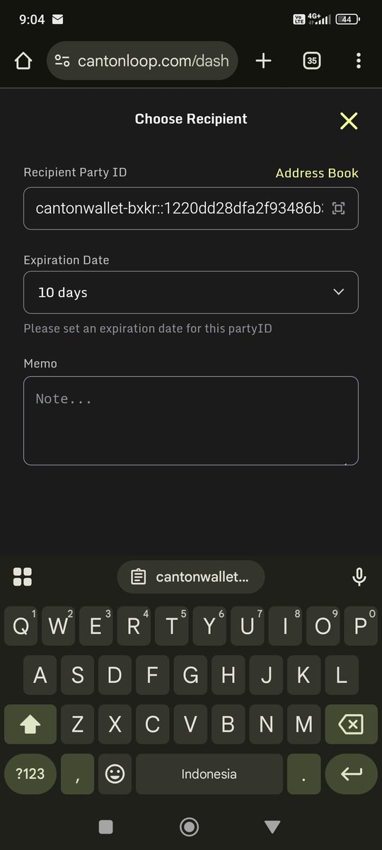 I get an airdrop from @canton_loop wallet, trying to send it to my ...