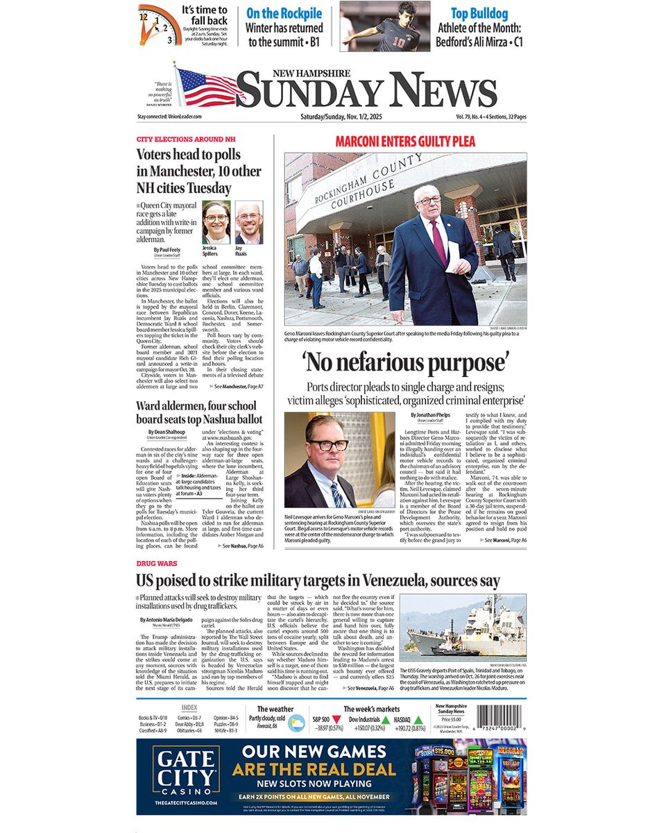 UnionLeader's tweet photo. Inside this weekend's paper: Ports director pleads guilty, resigns; Election previews for Manchester, Nashua and Laconia; Athlete of the Month; A look at H.S. field hockey championships

For these stories and more, visit the link in our profile.

#unionleader #nhunionleader https://t.co/fThHXbMQBN