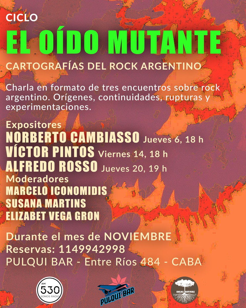 La semana que viene arranca tremendo ciclo de #Rock argentino👂🏽🧬 El oído mutante⚡

▫️Jueves 6, 18 h
Norberto Cambiasso
Marcelo Iconomidis
▫️Viernes 14, 18 h.
Víctor Pintos
Susana Martins
▫️Jueves 20, 19 h.
Alfredo Rosso
Elizabet Vega Gron

🥏 Reservas al: 114 994 2998