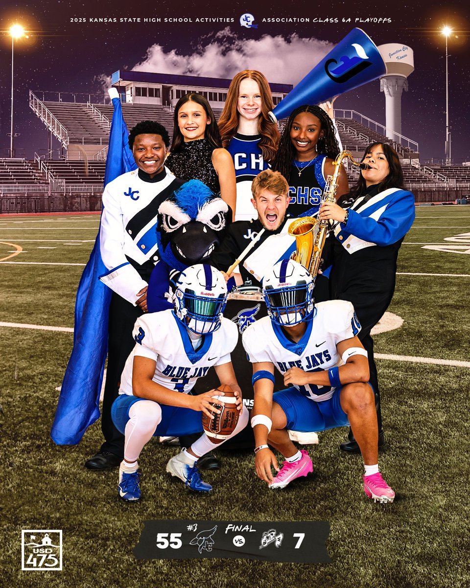 The No. 3 ranked Junction City High School 🏈 team claimed a dominating 55-7 victory over Wichita West High School in the opening round of the Class 6A playoffs on Friday night. With the win, the Blue Jays improved to 7-2 overall. #ThriveIn475