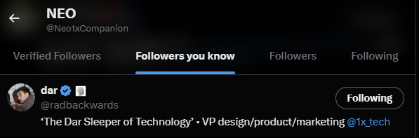 stekisteks's tweet photo. VP OF DESIGN/PRODUCT/MARKEITNG OF @1x_tech  IS FOLLOWING THE $NEO @Neo1xCompanion X PAGE AND YOURE NOT F*CKING BULLISH?

INTERESTING. https://t.co/im1VgqGmhJ