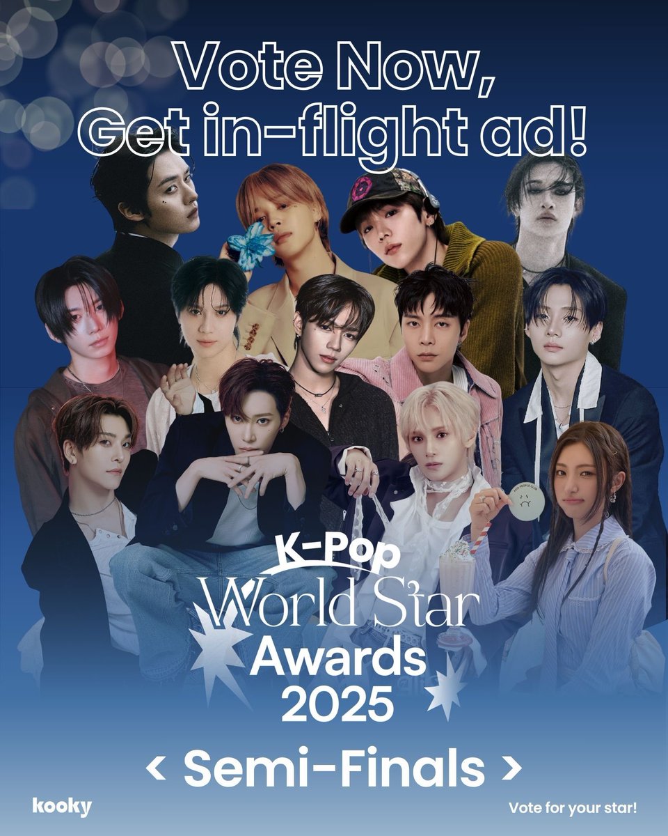 📢 K-Pop World Star Semi-finals are heating up!🔥
>> ✈️ Vote Now, Get In-Flight Ad💫 <<

🎁2,000 Kooky Event
🔁💬 Just RT &amp; Reply this post!
- Include hashtags #Kooky #KPopWorldStarAwards
Leave a comment supporting your artist on each platform below.
- Tag your friends. Each