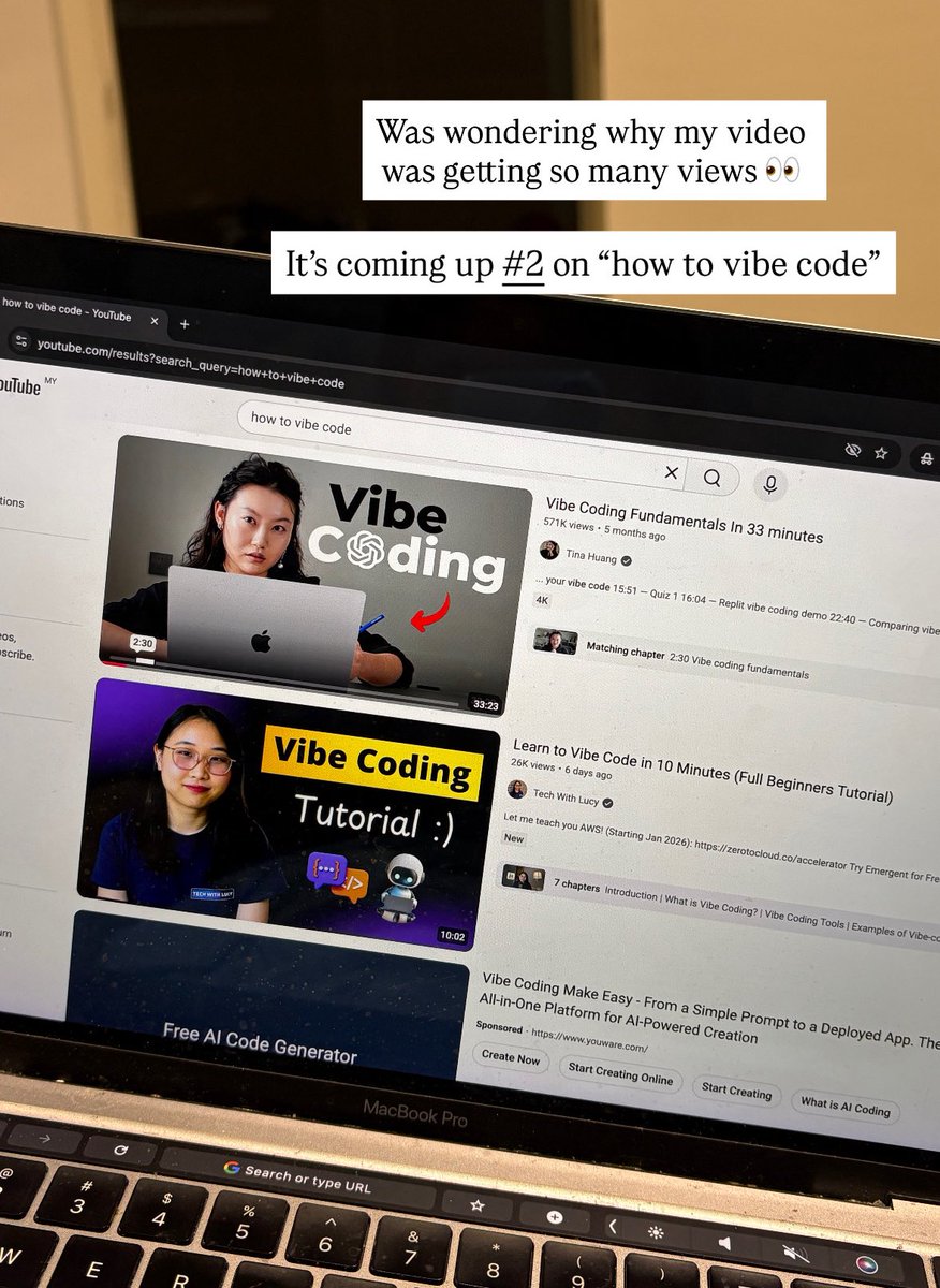 TechWithLucy's tweet image. First time talking about “vibe coding” on YouTube.

We’re ranked #2 🥹

Watch here: youtu.be/-LFB8D9WV-g