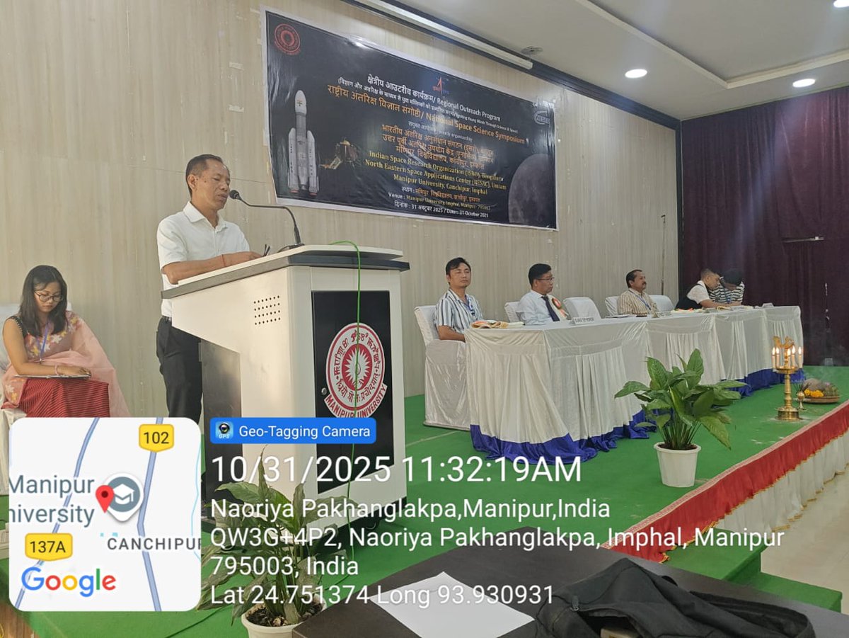 ManipurUniverse's tweet photo. 🛰️ Regional Outreach Programme of the National Space Science Symposium held at Manipur University on 31st Oct 2025, organized by ISRO, Bengaluru, and NESAC, Umiam in collaboration with Manipur University. 🚀#ISRO #NESAC #ManipurUniversity #SpaceScience #NSSS2025 #STEM #Research https://t.co/KRvRrMkdtT