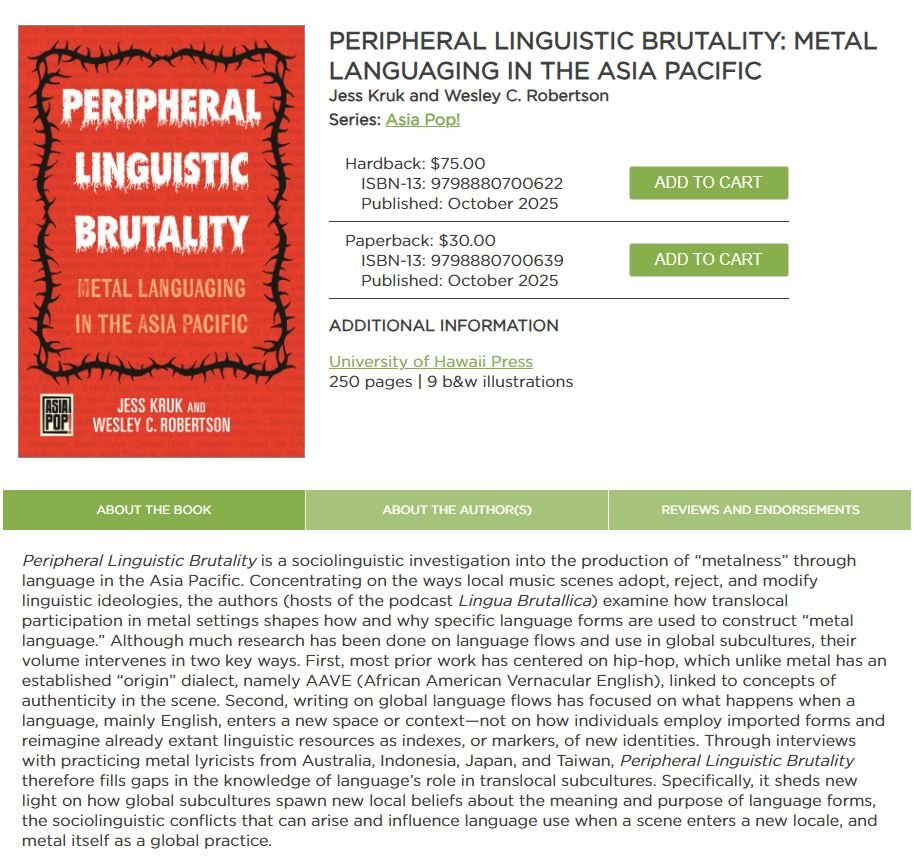 ScriptingJapan's tweet image. My book comes out today! And it&apos;s reasonably priced! Whoooooooooooo! It&apos;s about linguistics! It&apos;s about extreme metal! It&apos;s about the Asia Pacific and flows of global subcultures! I&apos;m really proud of it and I hope you all enjoy.
