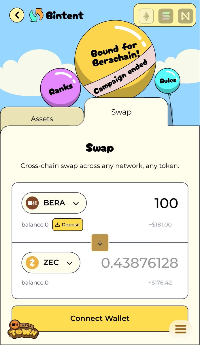 A fun lil’ feature on <a href="/0xberatown/">McBera from da Beratown</a> that few know about 

you can swap BERA with ZEC (native on Zcash chain!), all powered by Near Intents under the hood!