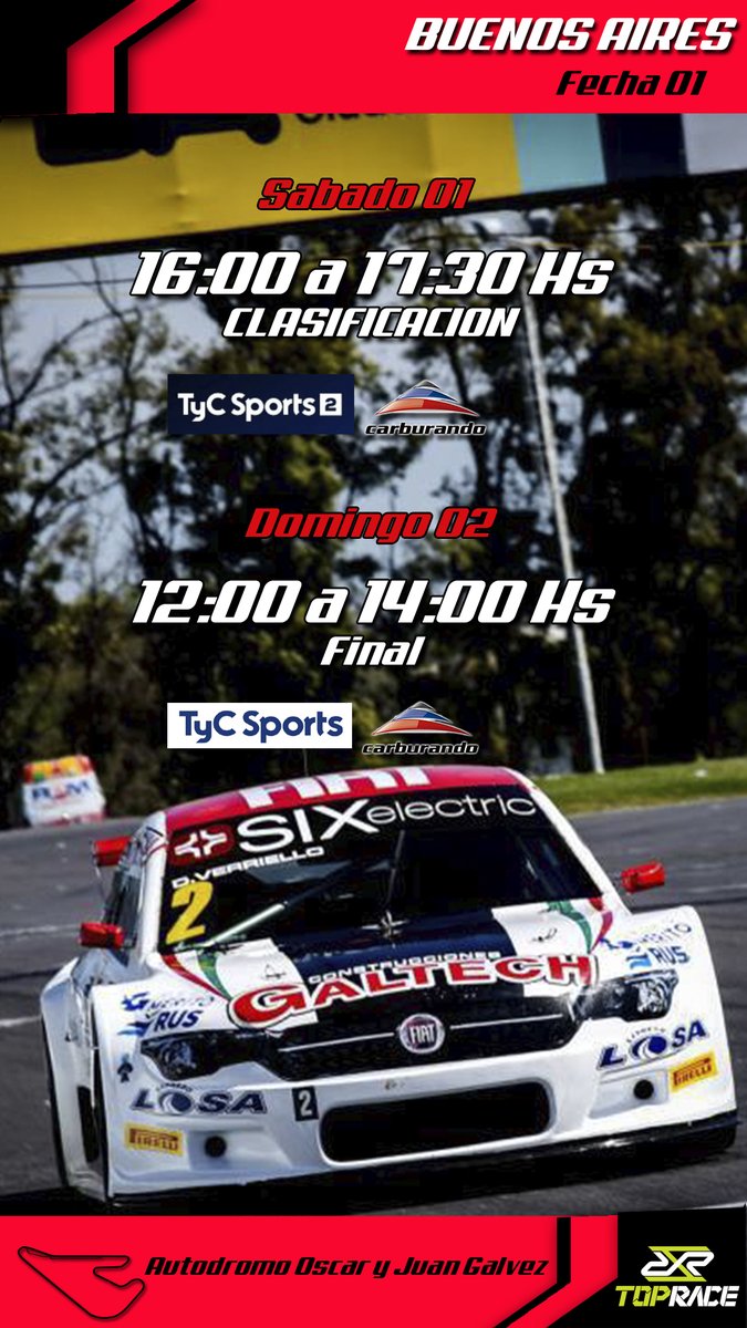 Comienza un nuevo torneo 🏆para el <a href="/TopRaceOk/">Top Race</a> !!

Estos serán los horarios ⏰de transmisiones #envivo de <a href="/TyCSports/">TyC Sports</a> y <a href="/CarburandoTV/">Carburando</a> 📱🖥️durante le fin de semana.

Agendalos, no te pierdas de toda la acción del fin de semana en el <a href="/AutodromoBA/">AutodromoBA Oficial</a> 🏁