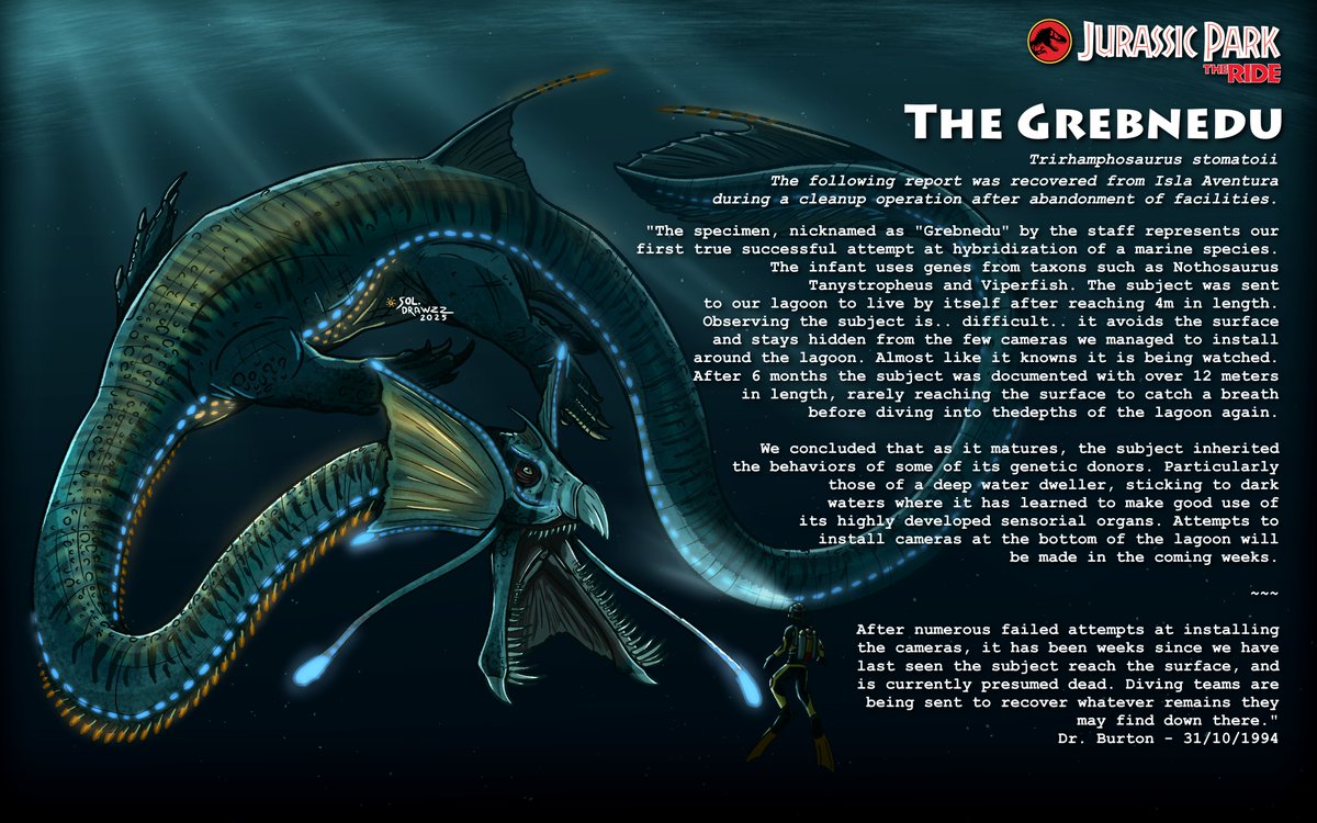 What better way to celebrate Halloween than reimagine Jurassic Park's infamous Grebnedu? 🐍
The forgotten marine hybrid from Isla Aventura! Now in a reptilian body and sporting bioluminescence for its deep dark activities 🔦

#JurassicPark #JurassicWorld #Halloween