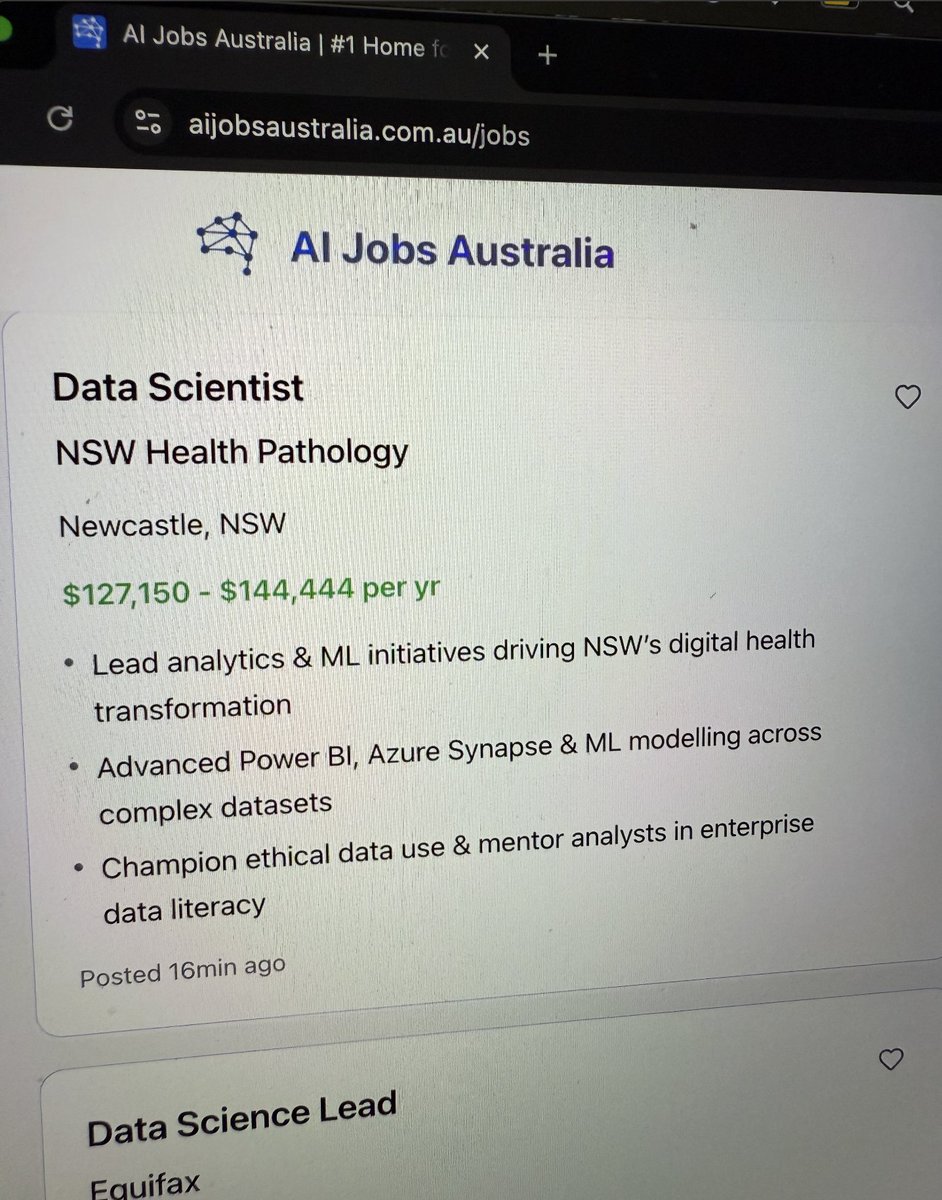 aijobsaustralia's tweet image. NSW Health Pathology is hiring a Data Scientist to build data &amp;amp; AI solutions that shape healthcare delivery across NSW.

Work on analytics, ML, and strategy,  building tools &amp;amp; dashboards that drive real decisions.

More info: aijobsaustralia.com.au