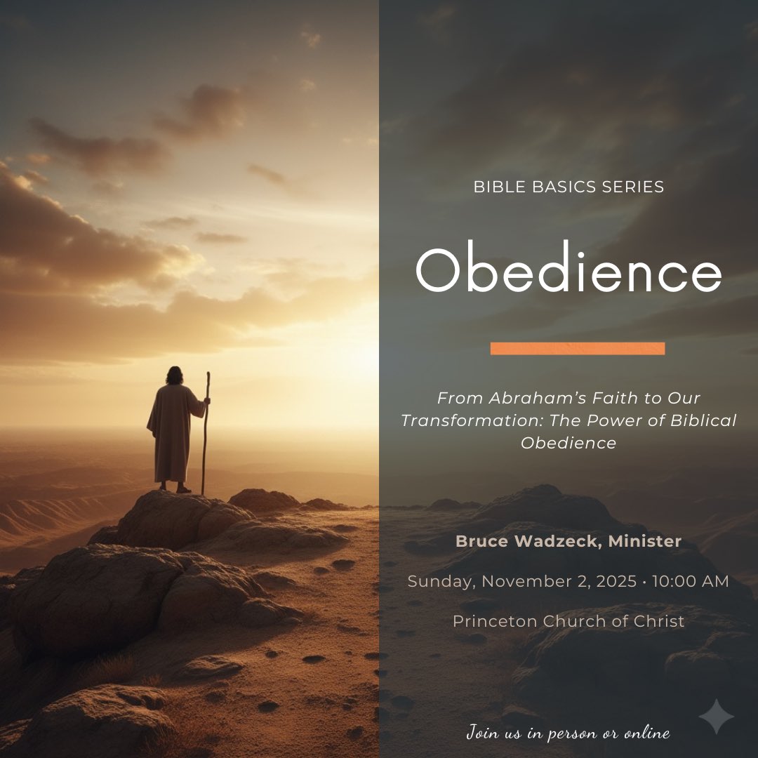 AD33C_of_Christ's tweet photo. True obedience isn't just duty—it's transformation. Join Minister Bruce Wadzeck this Sunday as we explore Biblical obedience from Abraham to Jesus.
📖 Hebrews 5:7-9
📅 Nov 2 | 10 AM
📍 Princeton CoC
💻 https://t.co/ty1rMIbhty
All welcome!
#BibleBasics #Faith #Obedience https://t.co/a40YVXCSsA