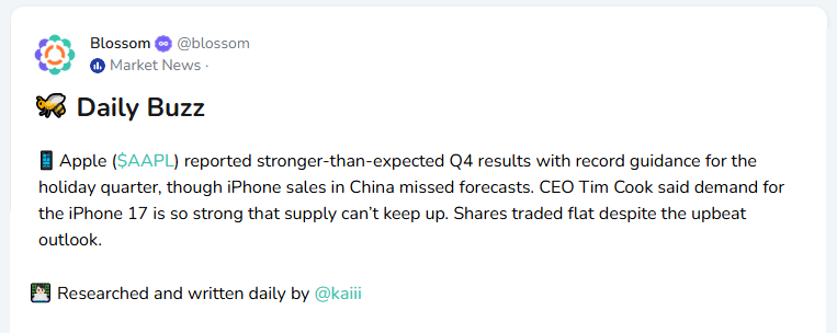 Apple surprised investors with another strong quarter, driven by robust demand for the iPhone 17. However, sales in China came in below forecasts, though $AAPL still managed to close near an all-time high.