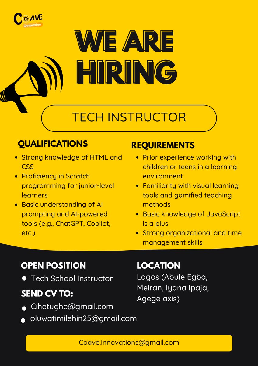 CoaveTech's tweet image. Hiring:Tech Instructor Intern 
Company: Coave Tech School
Location: Abule Egba, Meiran, Iyana Ipaja, Agege axis (Lagos)

How to Apply:
Send your CV to:

cihetughe@gmail.com
     Or 
deborah.oluwatimilehin@coave.org