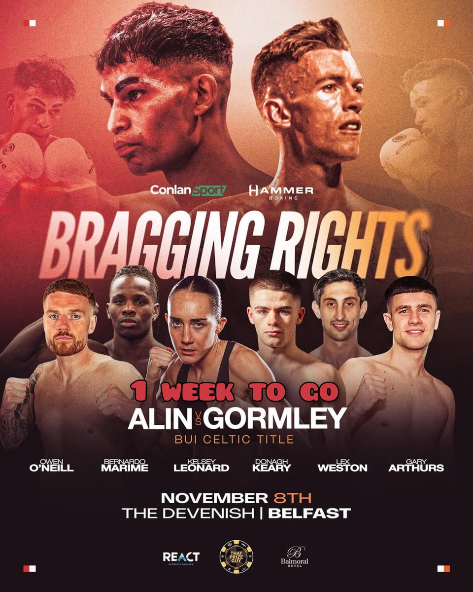 BoxingTicketsNI's tweet image. 1 WEEK TO GO

Conlan Sport &amp;amp; Hammer Boxing present #BraggingRights at the Devenish complex in Belfast 

Teo Alin &amp;amp; Lee Gormley top the card for the vacant BUI Celtic Super Featherweight title 

9 fights in total on the card with Bernando Marime, Kelsey Leonard, Donagh Keary, Lex…