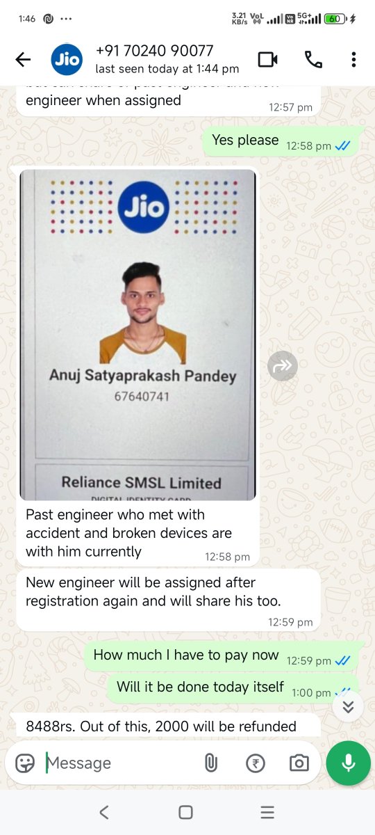 tarun8s86's tweet photo. @JioCare In view of Mr Anuj met with an accident and device broken, no documents provided.
Ms Shruthi again told me toh pay for 6 months plan with new device and promises me to refund teh previous and cashback too.. and this time she said new engineer willl be allocated. Vipul assigned. https://t.co/11illjd8Gl