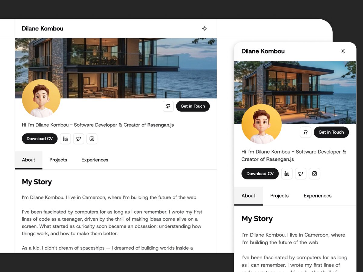 rasenganjs's tweet image. We introduce Plus Ultra — a powerful portfolio template built with 
- @rasenganjs
- @shadcn
- TailwindCSS v4 
- Framer Motion  

The template is full customizable with light/dark theme support. 

Initially cost €59, we leave it at €39  

Link: ui.rasengan.dev/templates/plus…
