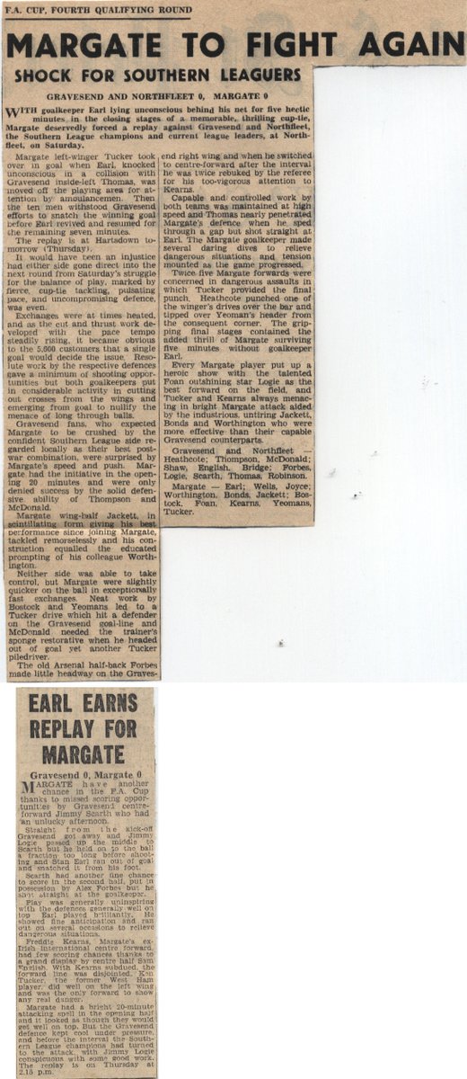 OTD, November 1st, 1958 <a href="/margate_fc/">Margate FC</a>  drew 0-0 at <a href="/EUFCofficial/">Ebbsfleet United FC</a> (as Gravesend &amp; Northfleet) in the 4th QR of the #facup in front of over 5000 spectators. The 'Gate won the replay 4-3 and went on to play Headington Unted (<a href="/OUFCOfficial/">Oxford United</a> Oxford United) <a href="/NonLeagueCrowd/">Non League Crowds</a> <a href="/jb101899277/">MFC On the Road</a>