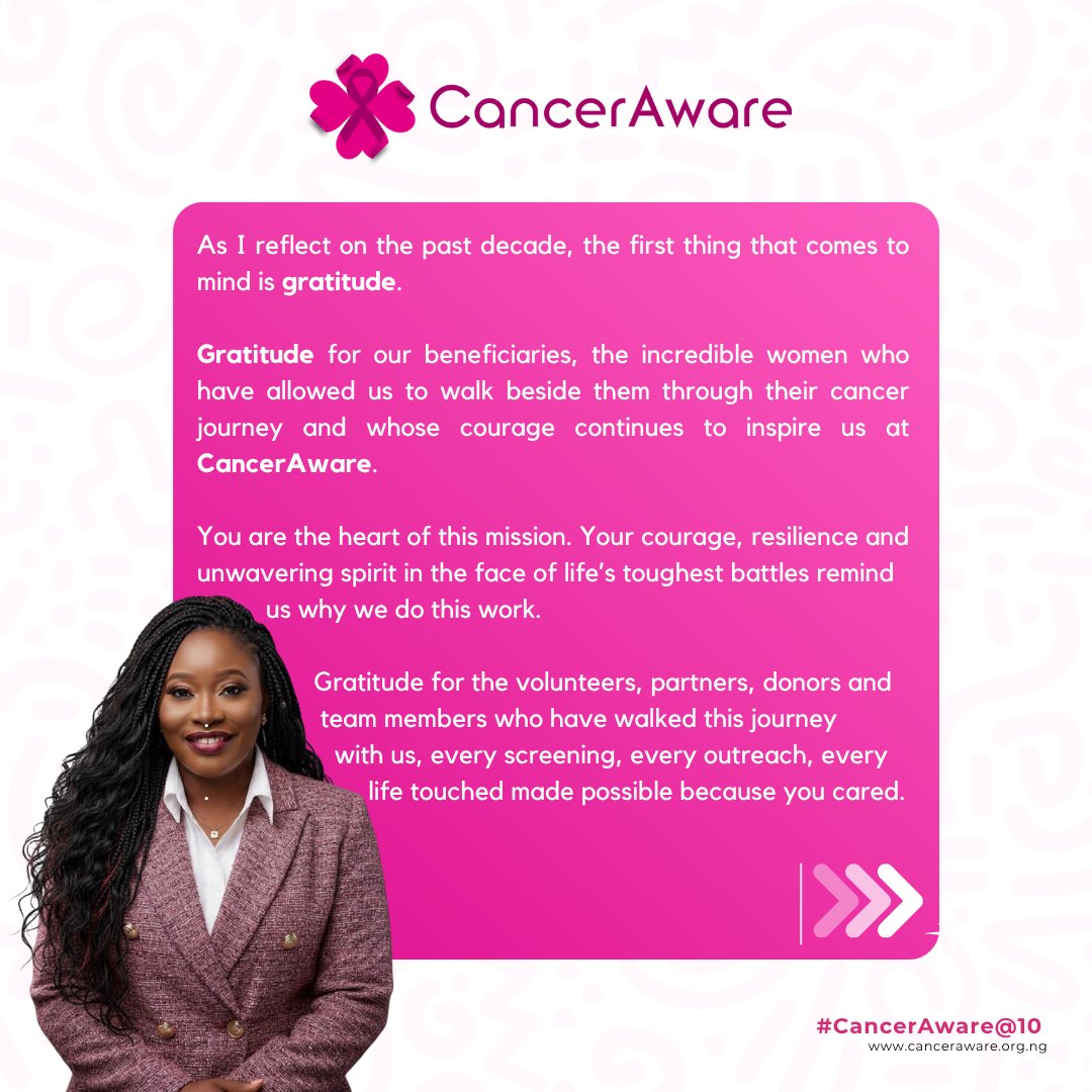 CancerAwareNG's tweet image. A Decade of Impact. 
Our Founder, @TolulopeFrost, reflects on 10 years of CancerAware, the women, the work and the road ahead.
Read the full letter HERE.
bit.ly/47Eeopv
.
#CancerAwareAt10
#ADecadeOfImpact