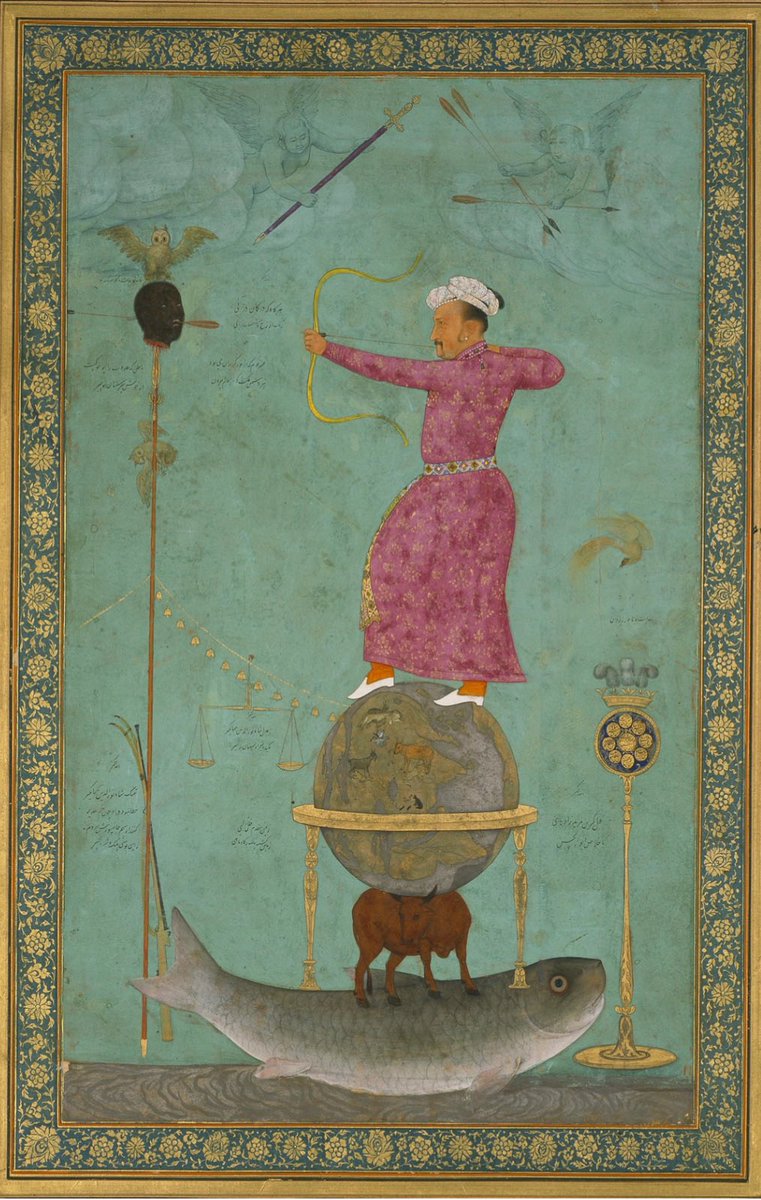 Mughal omen paintings are my favourite genre. Commissioned to bridge the gap between dreams/ aspirations &amp; reality, they drew on the belief that pictures could unlock the world to come. This logic undergirded many works, most famous being, Jahangir shooting Malik Ambar’s head. 🧵