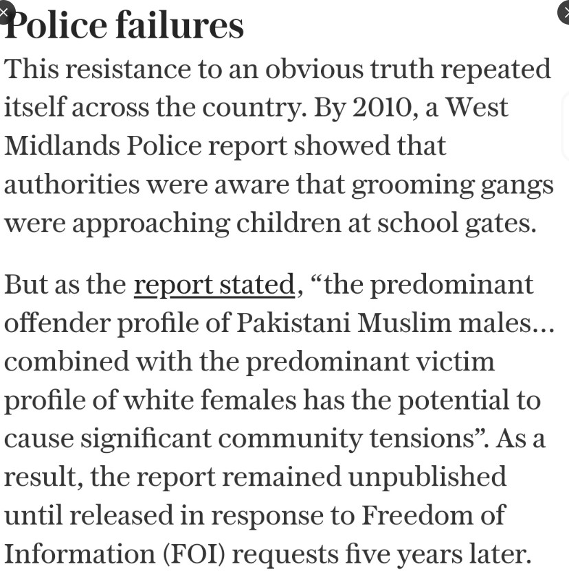 Drinok10's tweet image. A thread on the grooming gangs:

Authorities were aware that pedophile r*pists were approaching children at school gates and decided not to tell parents, or anyone, to "protect community tensions"

Of course, this isn't true, because if so..