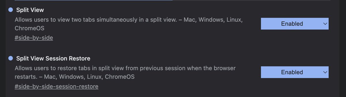 kaede_crypto's tweet image. Googleの新機能、「分割表示にタブを追加」が表示されないという方は下記の手順で表示されます。
※Chromeはヘルプから最新Verに更新してください。

手順👇
1️⃣ chromeのアドレスバーに
chrome://flags/#side-by-side
と入力

2️⃣ Split Viewの項目を「Enabled」にして再起動…