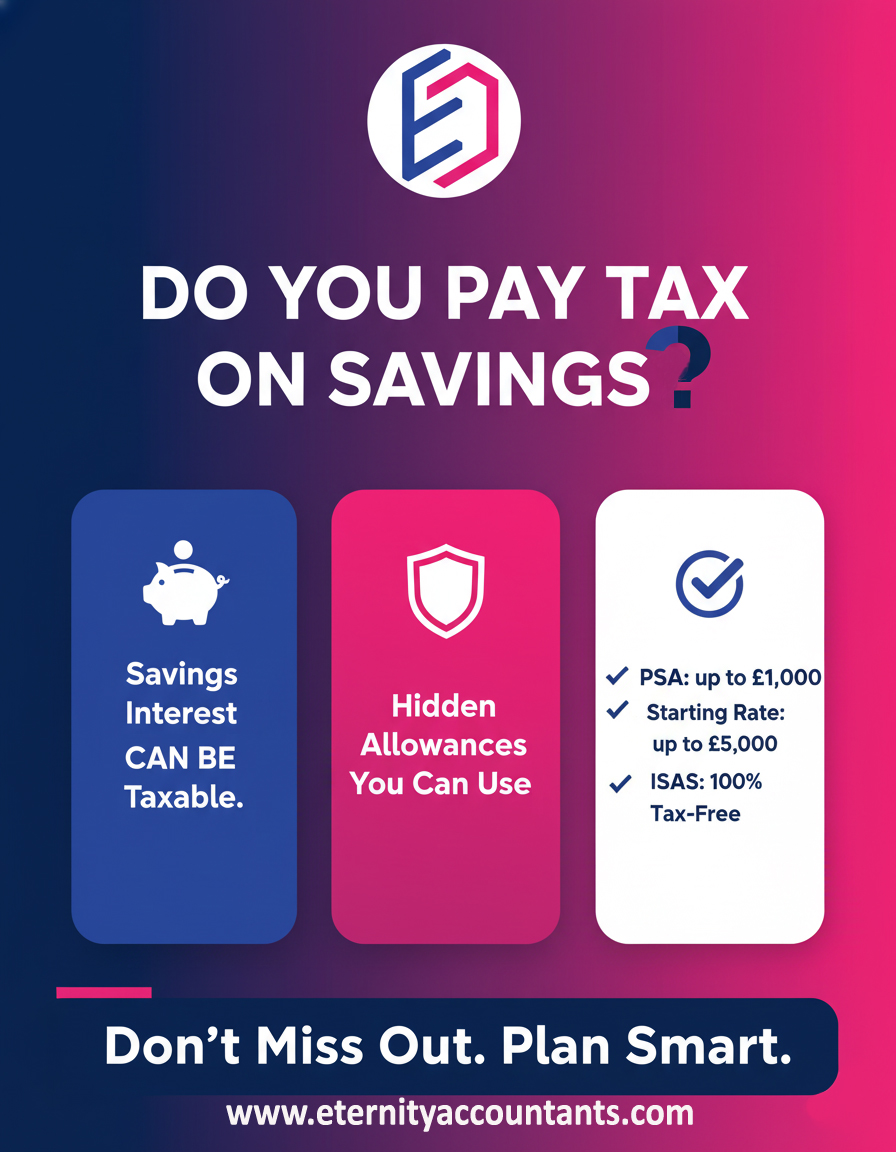 EternityAcc's tweet photo. Do you pay tax on savings?
Yes — interest from savings can be taxable!
But with PSA, Starting Rate & ISAs, you could save £££ tax-free. 👇
Comment “SAVE SMART” for our free guide.
#UKTaxTips #EternityAccountants https://t.co/DSRJwyZUL4