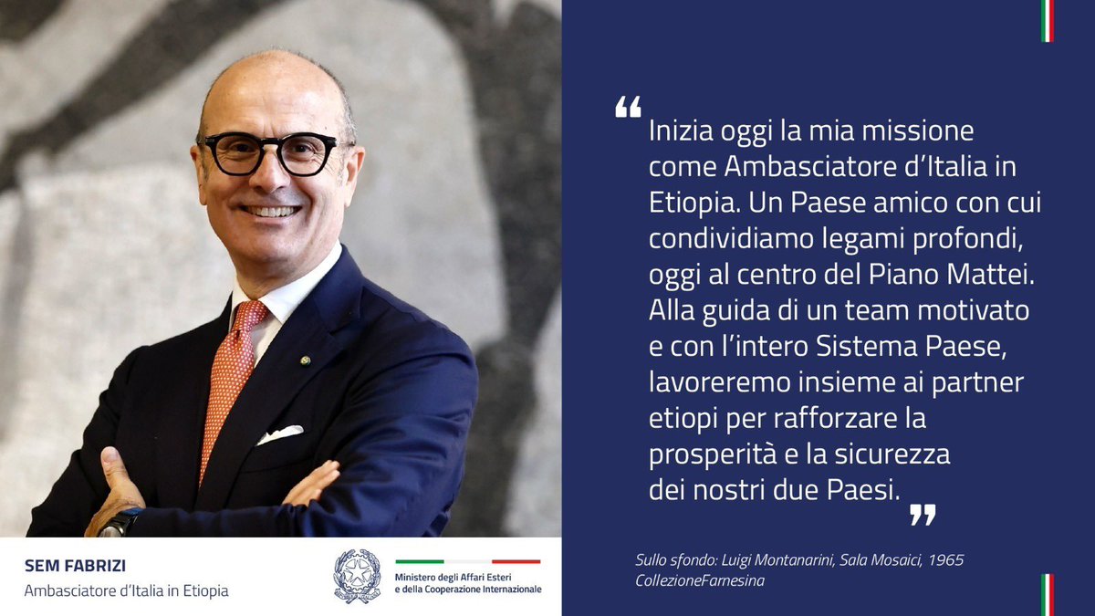 Congratulazioni a Sem Fabrizi, nuovo Ambasciatore d’Italia in Etiopia 🇮🇹🤝🇪🇹
<a href="/ItalyinEthiopia/">Italy in Ethiopia</a>