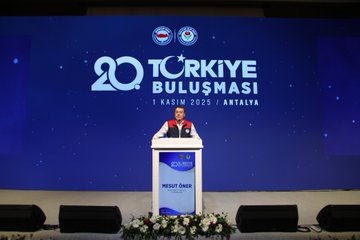 Stage setup with green backdrop displaying Arabic text quotes and white decorative borders man in suit and cap seated at table with microphone another image shows blue stage with 20 Turkiye Bulusmasi banner flags podium with Mesut oner text man in red white vest speaking at podium with flowers below third image depicts row of formally dressed men and women some in vests headscarves seated in auditorium with banners for Istanbul Adana Adiyaman branches and Turkish flags fourth image shows similar group of attendees clapping hands raised in applause with banners for Istanbul Adana Adiyaman branches flowers on table.