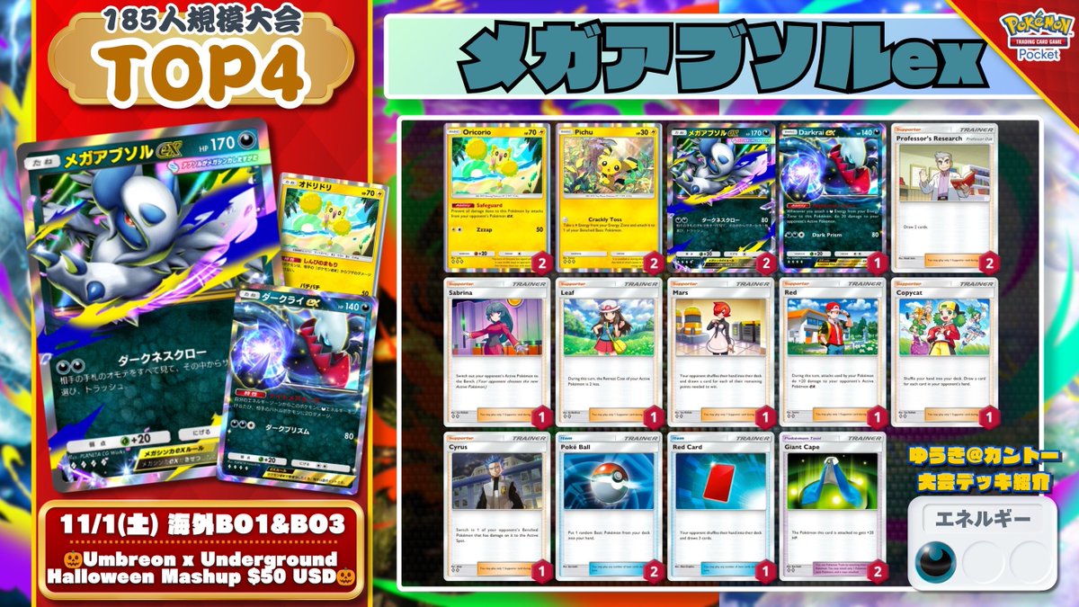yuki_1chiban's tweet photo. 🌏 #ポケポケ 大会結果 🌏

185人規模大会で新『レントラー』が優勝🏆
準優勝は『メガバシャーモex/エンテイex』🔥

▶︎ 🎃Umbreon x Underground Halloween Mashup $50 USD🎃 (185人)
優勝: レントラー
準優勝: メガバシャーモex
3位: メガアブソルex 🇯🇵@075dao
4位: メガチルタリスex 🇯🇵@sakugao_ https://t.co/trXpbVv11p