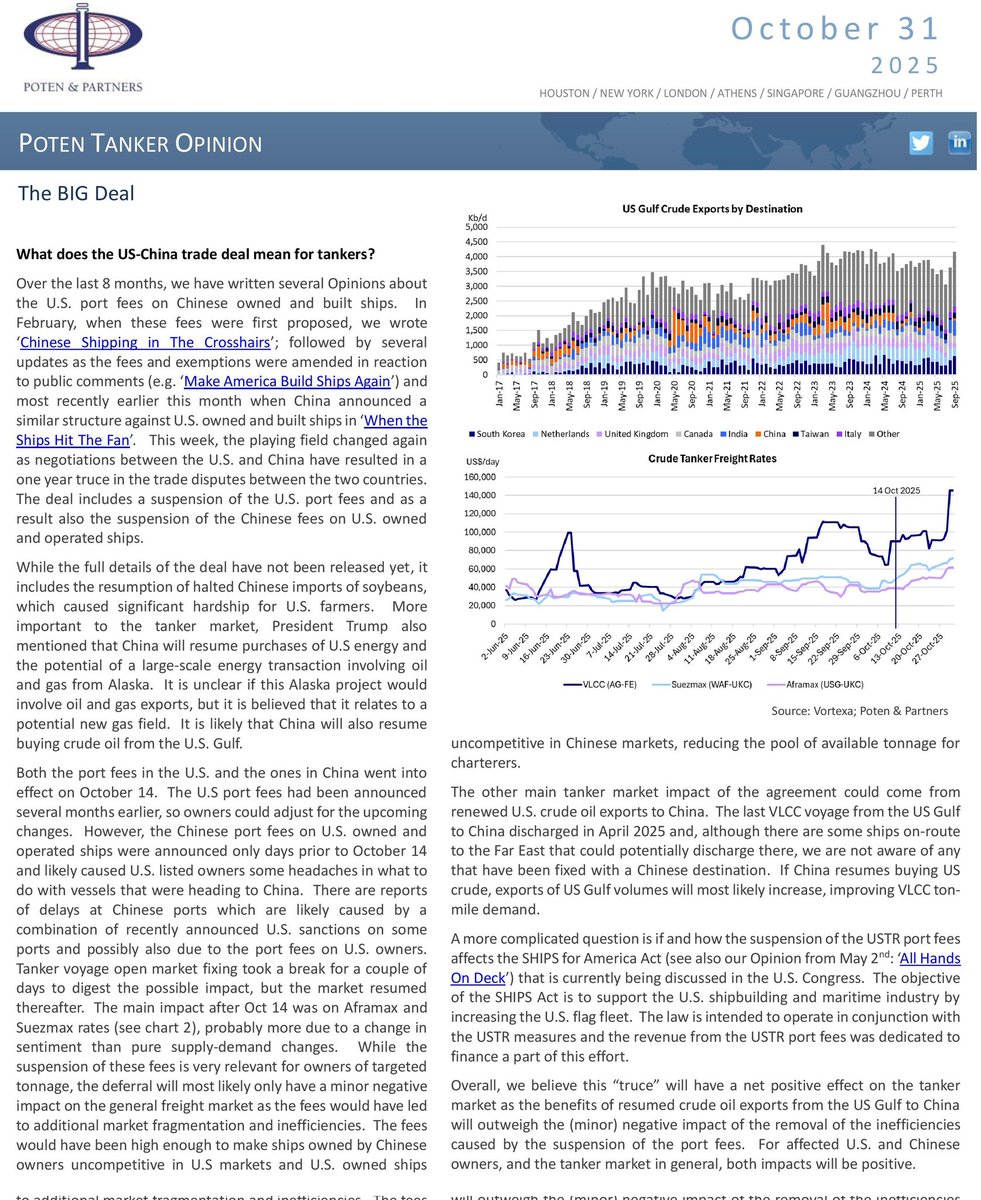 “The main tanker market impact of the [US—China trade] agreement could come from renewed U.S. crude oil exports to China. The last VLCC voyage from the US Gulf to China discharged in April 2025.”
