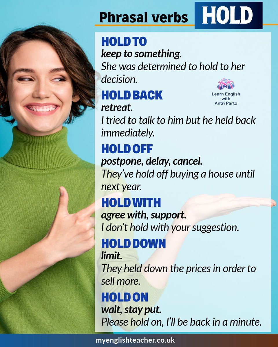 MyLinguaAcademy's tweet image. Learn these useful phrasal verbs and start sounding more natural in everyday conversations. 🌟

📚 More lessons: myenglishteacher.co.uk

#LearnEnglish #PhrasalVerbs #EnglishLesson #EnglishVocabulary #Hold #FCE #CAE #ESL #EFL #EnglishGrammar #EnglishLearning #B2English #C1English