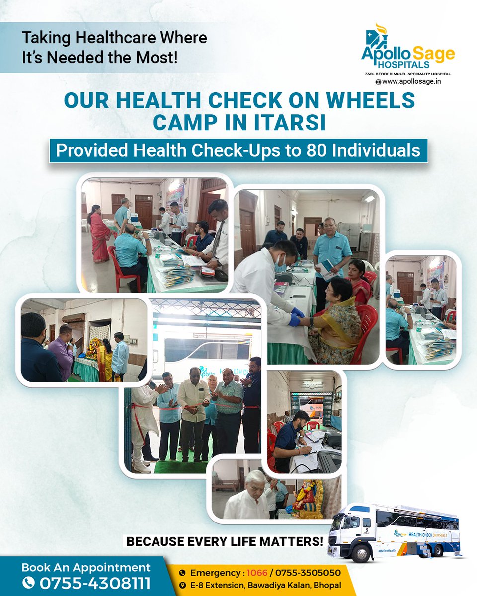 ApolloSageH's tweet image. Healthcare in Motion!

#ApolloSageHospitals’ Health Check on Wheels reached Itarsi, offering #ProHealth checkups to 80 people.

📞Call: 0755-4308111

#HealthCheckOnWheels #ApolloProHealth #healthcheckup #PreventiveHealth #FullBodyCheckup #HealthCheckupCamp #AIEnabledHealthCheck