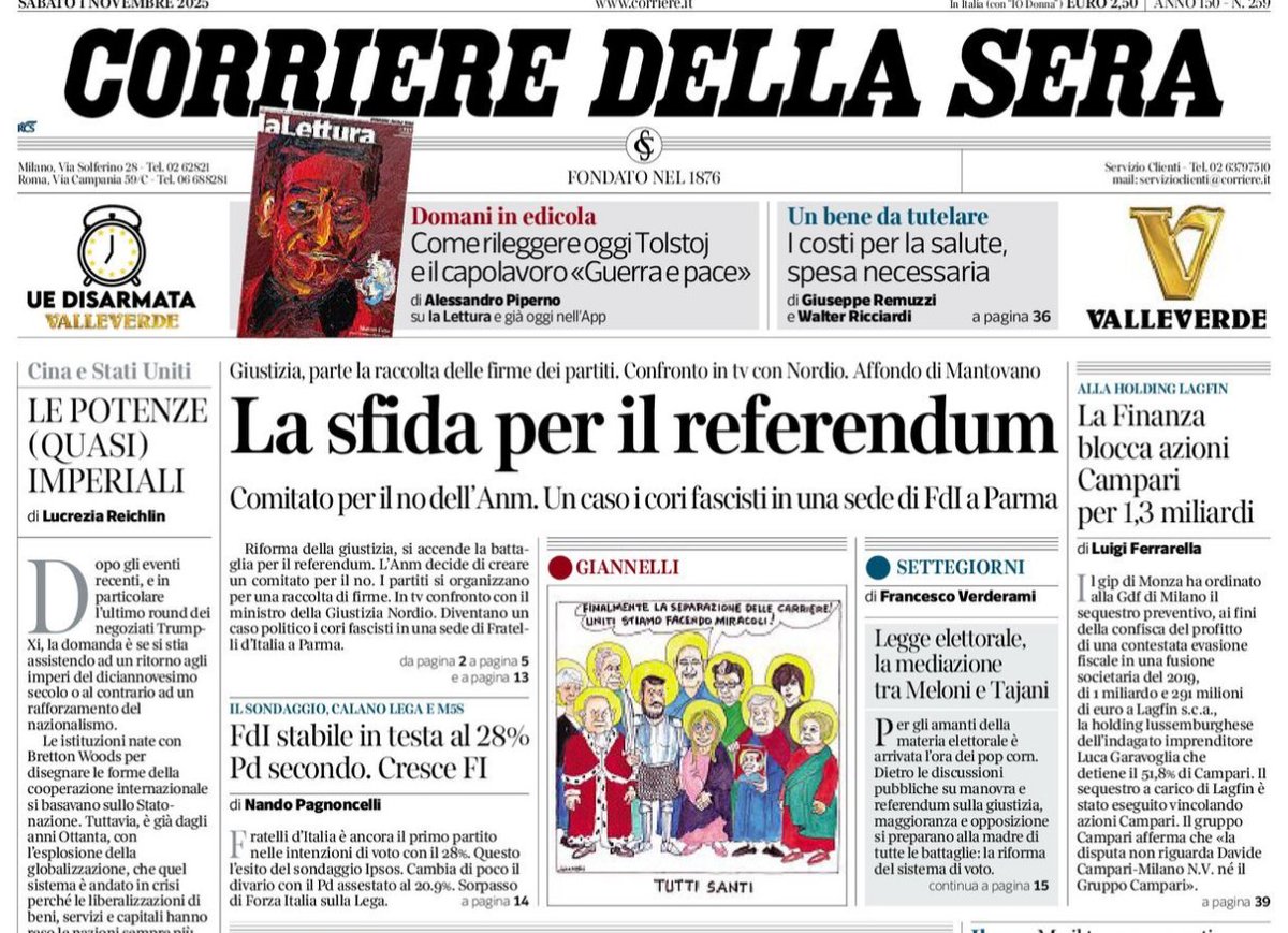 AntoFerrantePd's tweet image. Buon #1novembre , sulle prime pagine il #refendum sulla separazione delle carriere dei magistrati , riforma probabilmente utile ma non necessaria visto l'uso strumentale che purtroppo il #governoMeloni sembra volerne fare, e il caso degli esaltati del circolo di @FratellidItalia