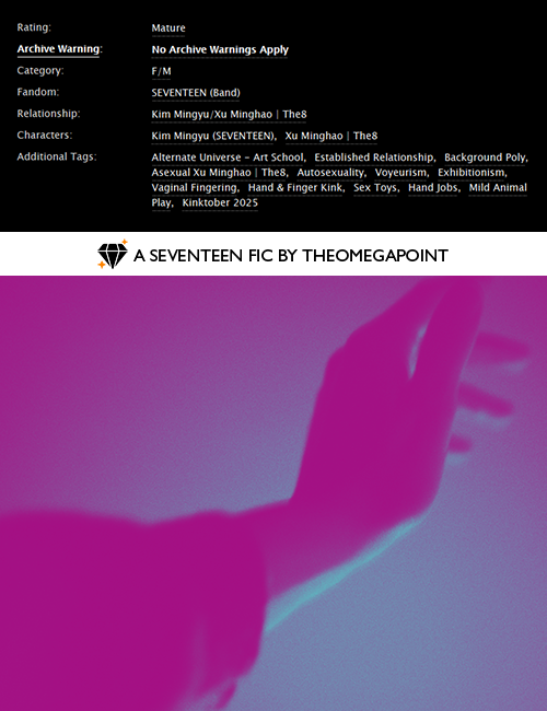 "more expensive than gold"
🐸🐶 exhibitionism/voyeurism
📑: established relationship, background poly, hand and finger kink, sex toys, mild pet play

🔗: ao3.org/works/71603331