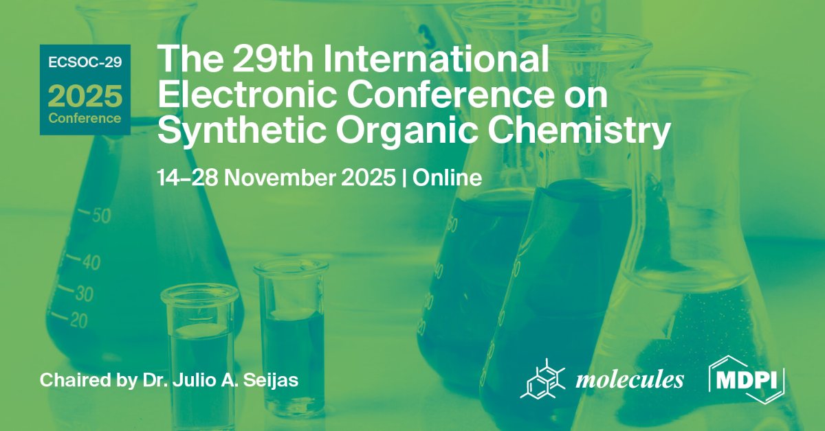 Molecules_MDPI's tweet image. ⌛ Only 14 days left to attend #ECSOC29!
🤝 Join us online 14-28 November 2025 to get free access to exclusive presentations!
✅ Register by 12 November: brnw.ch/21wX79P
#FinalCall #ChemistryConference #FreeRegistration#LastChance #OrganicChemistry #OpenResearch