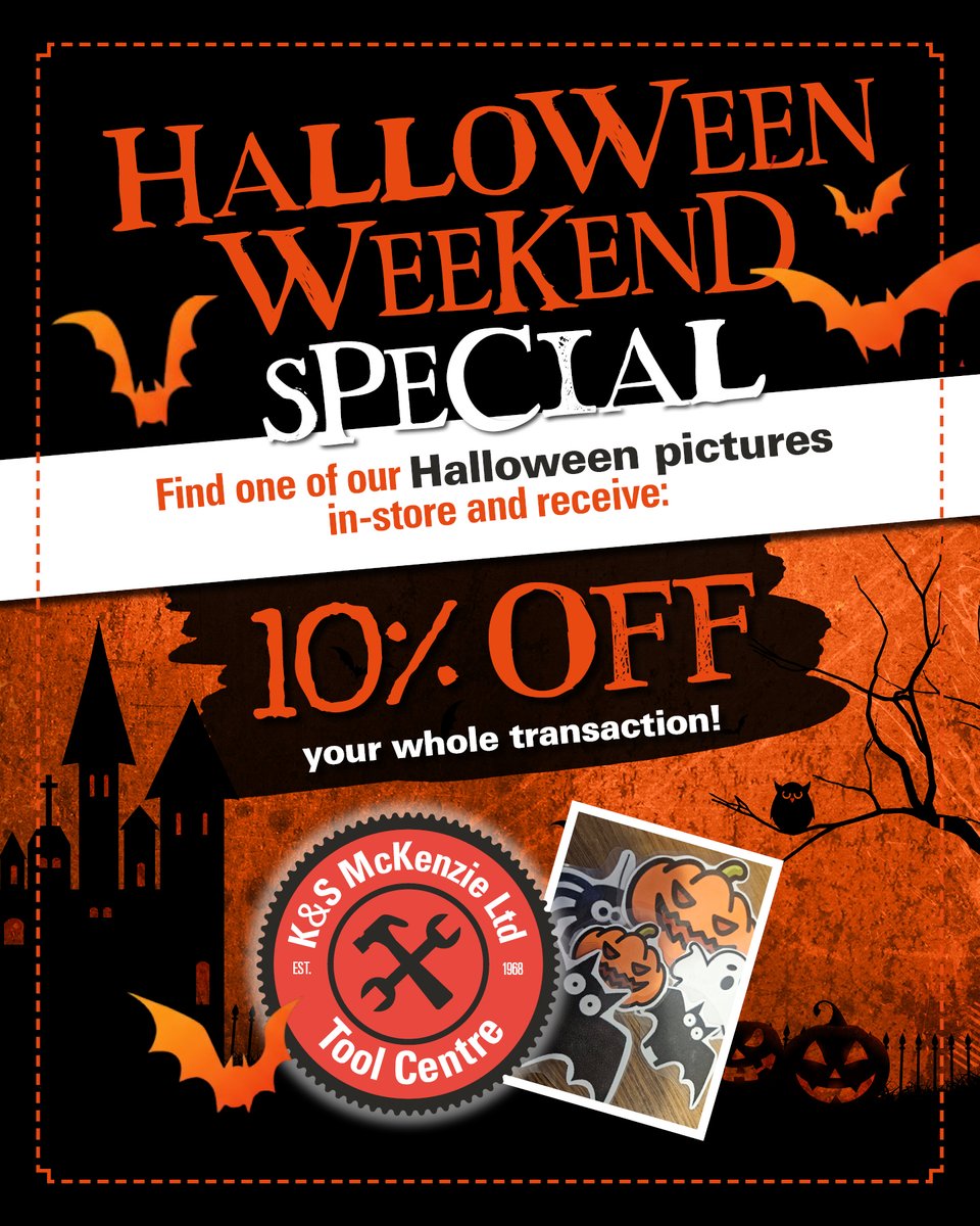 🎃 Our #Halloween Weekend Special continues today!

If you visit our Tool Centre today and spot one of our hidden Halloween pictures in-store you will receive 10% off your entire purchase!

👻 Come in, have a look around and treat yourself to a spooky little discount!