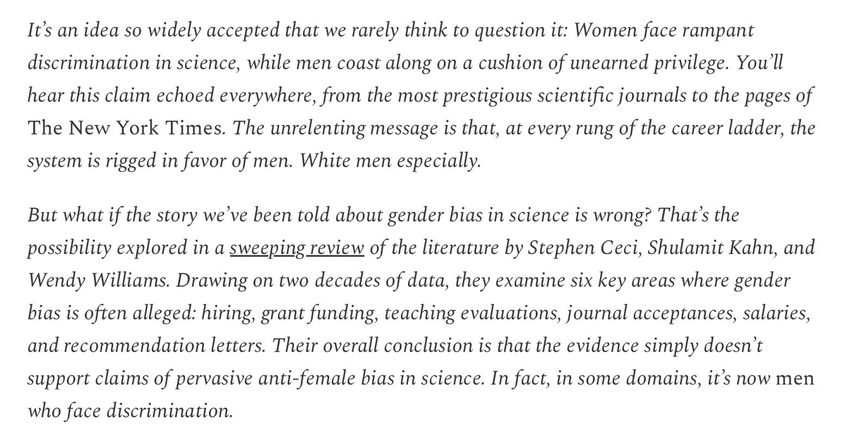 The Truth About Sexism in Science

“Their overall conclusion is that the evidence simply doesn’t support claims of pervasive anti-female bias in science. In fact, in some domains, it’s now men who face discrimination.”

[Link below.]