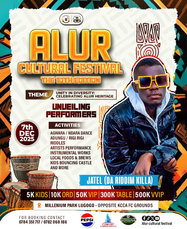 OUR SECOND Act for the 10th edition 
We present to you JATEL DA RIDIM KILLA A young talent but with stage command.

Lets meet at millennium park lugogo on the 7th December and we vibe 

My culture My pride 
Cc <a href="/KerAlurKingdom/">Ker Alur/Alur Kingdom Official</a> 
<a href="/PepsiUganda/">Pepsi Uganda</a> 
<a href="/comfortalu/">Comfort Aluminium Works</a> 
@Oyomageneralstore