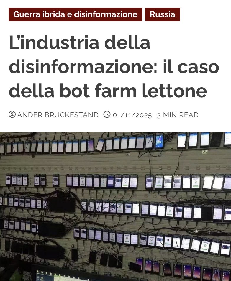 🗞️ Il 17 ottobre una retata in Lettonia ha portato alla luce una bot farm che avrebbe creato 49 milioni di account falsi: numeri che mostrano la natura industriale della manipolazione digitale. Bot farm e troll farm possono moltiplicare consenso artificiale, inquinare il