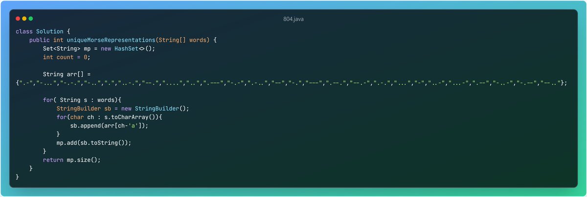 gaikwadprajesh's tweet image. 🚀 Day 42 of #100DaysOfCode 
✅804. Unique Morse Code Words👽
#DSA #JAVA #LearnInPublic