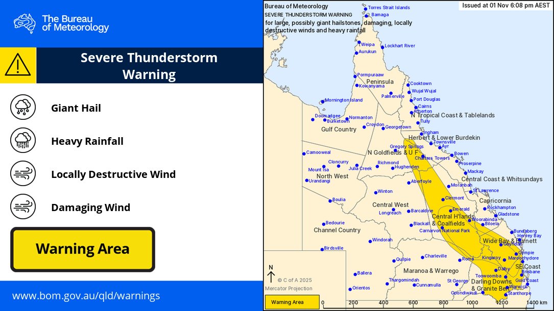 ⚠️⛈️6:08pm: Severe Thunderstorm Warning for large to GIANT #hail, damaging to DESTRUCTIVE #wind &amp; heavy #rainfall over eastern #Queensland.

VERY DANGEROUS STORMS may affect areas around #Gympie, #Emerald, #Kingaroy, #Gayndah, #Lowood and #Nanango.

bom.gov.au/warning/severe…