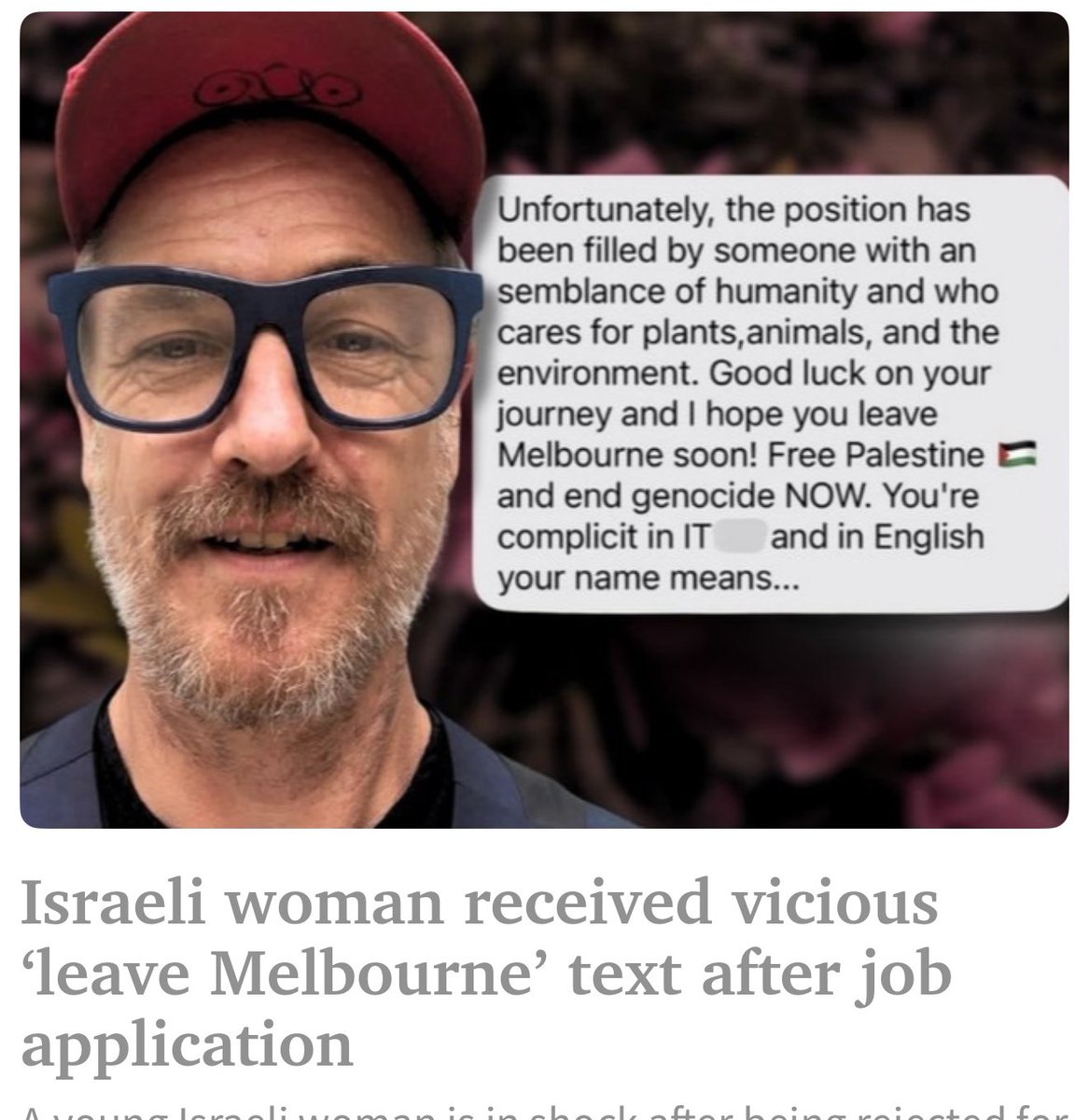 Welcome to Melbourne! 

An Israeli woman was told to “leave Melbourne” after applying for a job. Disgraceful.

This is vile, cowardly discrimination and likely illegal.

This person must be investigated and prosecuted.

#Springst <a href="/theheraldsun/">Herald Sun</a>
