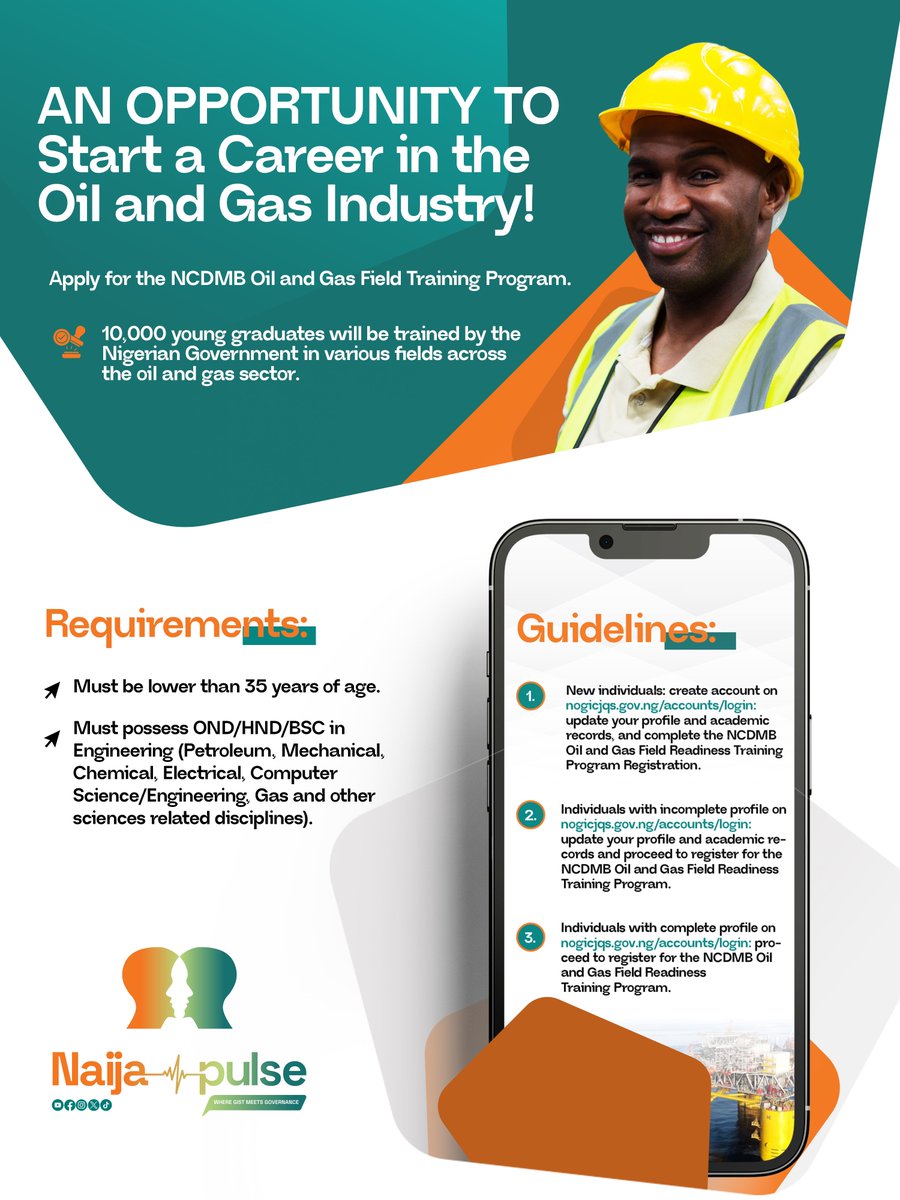 New Opportunity Alert

Start a Career in the Oil and Gas Industry with <a href="/OfficialNCDMB/">NCDMB</a> 

Apply for the #NCDMB Oil and Gas Field Training Program.

10,000 young graduates will be trained by the Nigerian Government in various fields across the oil and gas sector.