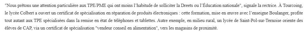 Le Lycée Professionnel ne forme plus "l'homme, le travailleur et le citoyen" mais le travailleur de proximité. Plus besoin d'ouvrir les esprits, contentons-nous de former aux compétences exigées par le patronat local !
C'est un choix. Ce n'est pas le mien...
<a href="/AEFeduc/">AEF Enseignement scolaire</a> ⤵️