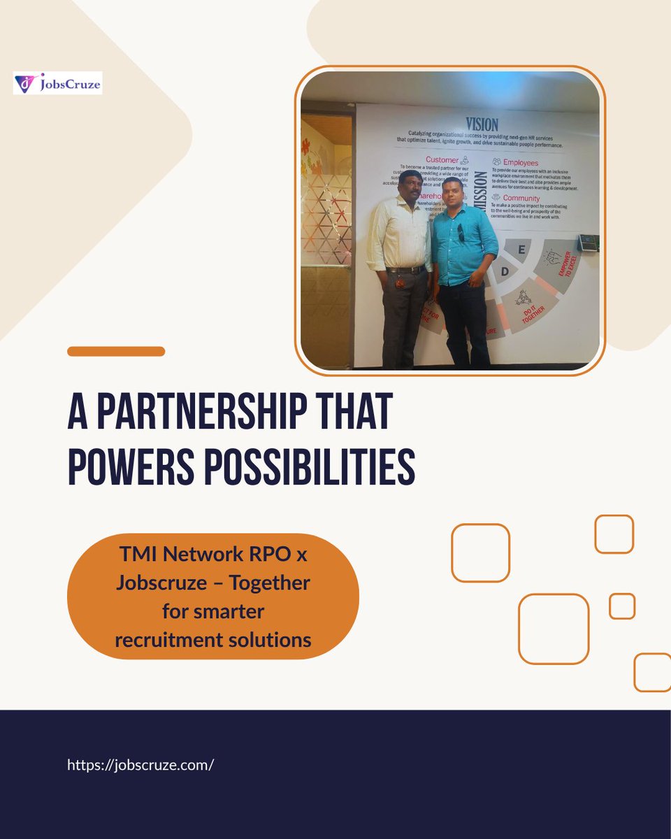 JobsCruze's tweet image. Powering possibilities through partnership.

A new partnership built on trust, technology, and transformation — JobsCruze x TMI Network RPO

For more updates: jobscruze.com 

#PartnershipAnnouncement #RecruitmentPartnership #SmartRecruitment #JobsCruze #TMINetwork