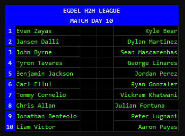 #EGDEL #FPL 

#H2H #GW10 Fixtures